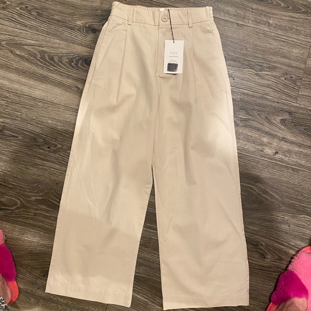 Beige Cropped Wide-Leg Trousers